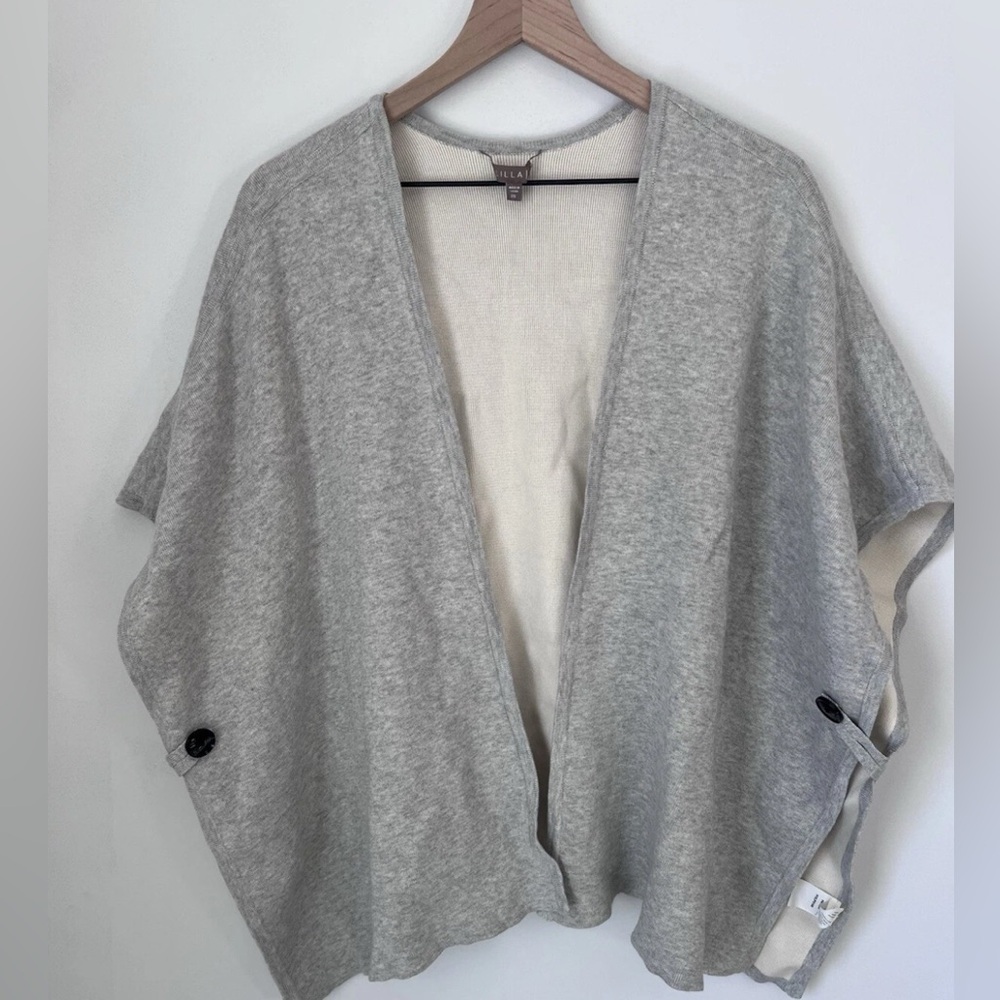 NWOT Lilla P Long Line Open Front Button Poncho Sweater Grey One size MSRP $280